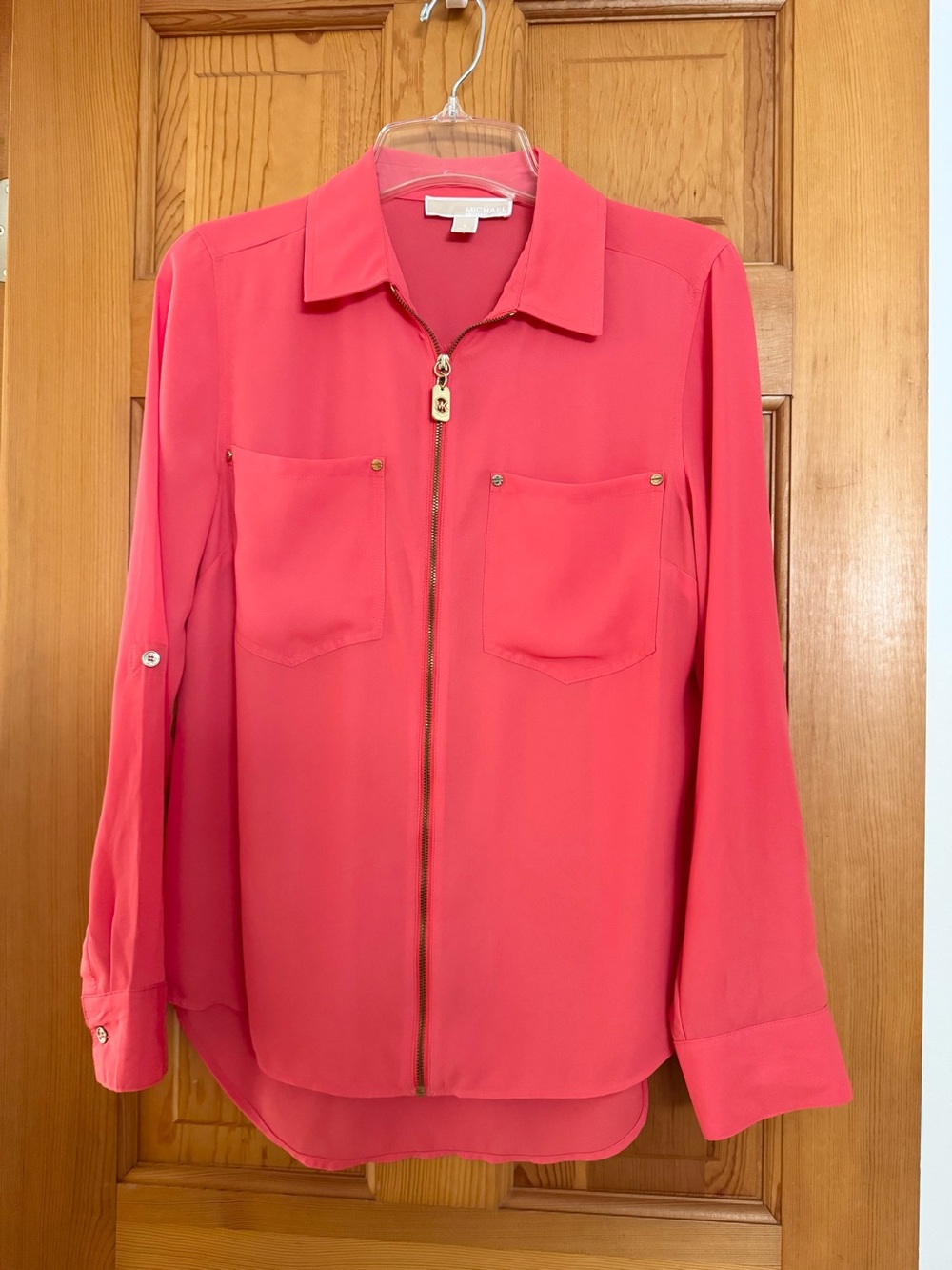 Michael Kors Collared, Coral, Full Zip Blouse, Gold Logo Roll Tab Sleeve Top, S